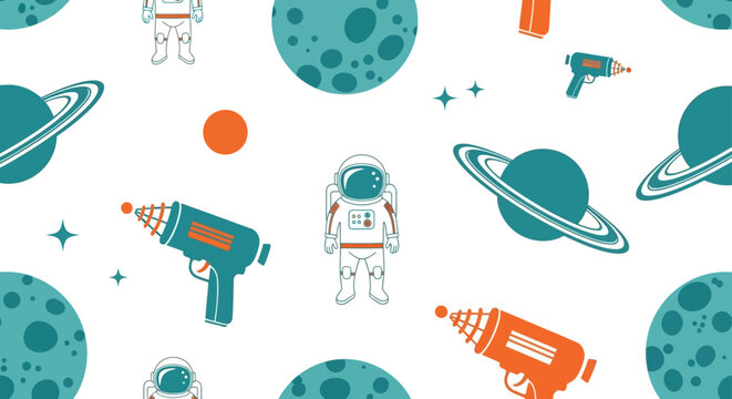 retro astronaut pattern with planets and ray guns on white background
