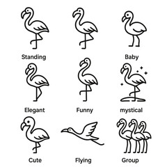 Fototapeta premium Minimal flamingo line icons: standing, baby, elegant, funny, mystical designs