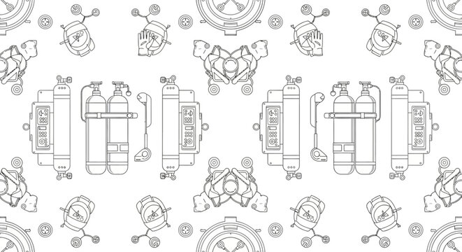 vintage diving equipment scuba gear and diving suit line art pattern retro scuba equipment