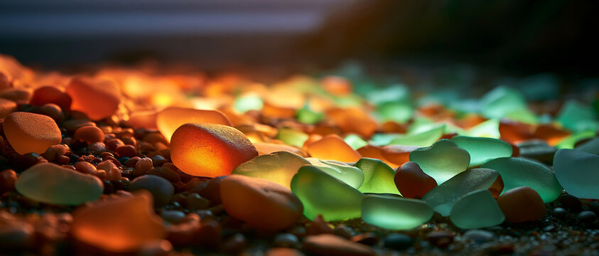 Colorful sea glass pieces scattered on sandy beach at sunset  