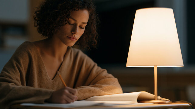 Teacher writes individualized learning plan notes by lamplight after school in empty classroom, pandemic recovery differentiated instruction, educator after-hours dedication, learning gap response p
