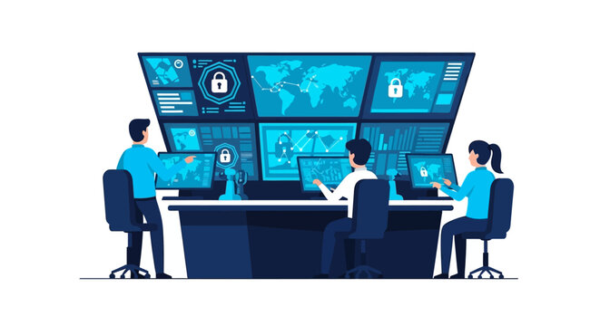 Cybersecurity Professionals Monitoring Global Network and Data Security in Operations Room. Modern Flat Vector Illustration of IT Specialist Team at Dashboard.