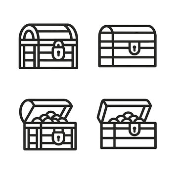 Four treasure chest icons with locks and open lids on dark background