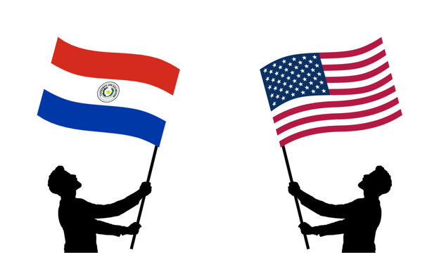 Vector illustration of silhouetted figures holding Paraguay and United States flags facing each other, isolated on white background