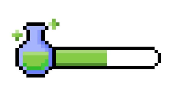 Vibrant pixel art game progress bar with glowing potion flask and sparkling green liquid, ideal for retro user interface