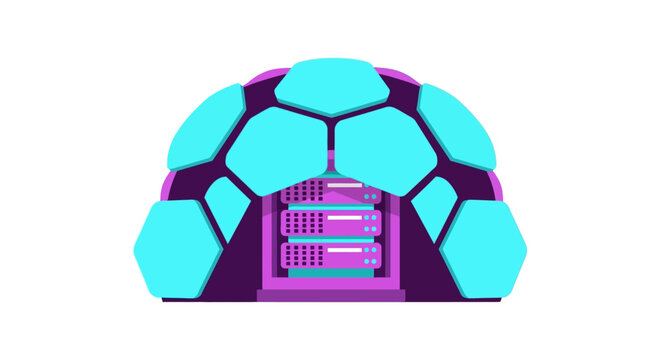 Cyber Security and Data Protection Concept with Server Rack inside a Hexagonal Shield Dome