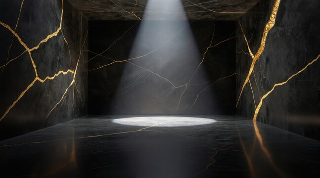 Dark empty room with black marble walls, floor. Gold cracks run through surfaces. Spotlight illuminates center stage creating dramatic contrast, luxurious atmosphere. Reflective surface shows golden