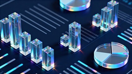 Fototapeta premium Glass data visualization chart with holographic bars and pie chart on dark background, premium commercial stock image with modern composition natural lighting and versatile creative visual for siyam