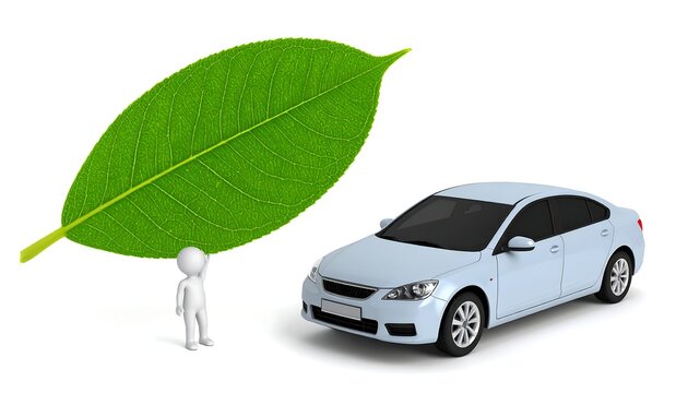 A tiny person beneath a large leaf, facing a light-blue car