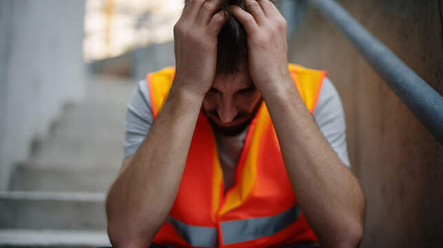A male worker in a safety vest sits with head in hands, experiencing stress, exhaustion, or emotional distress in an urban or industrial environment