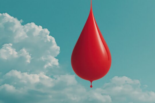 Red teardrop shape suspended against cloudy blue sky