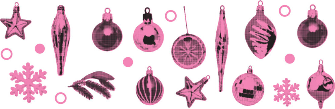 Christmas Disco Ball Ornament Collection with Pink Holiday Decorations Halftone Style