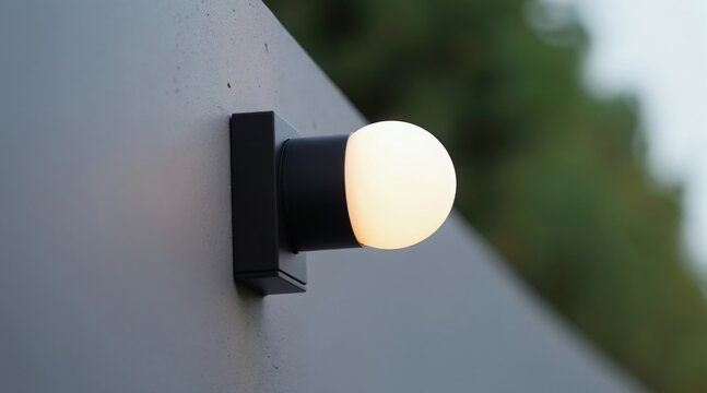 Minimalist black outdoor wall lamp shines light. Modern simple lamp design illuminates exterior wall. Soft globe bulb provides warm glow against blurred greenery.