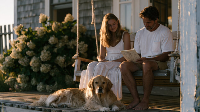 Father and teenage daughter sit side by side on a sunlit porch swing in rural Wisconsin, reviewing a handwritten summer bucket list together, a golden retriever dozing at their feet, surrounded by f