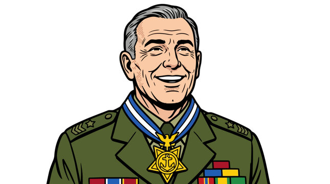 Pop art style illustration of an elderly army general in uniform