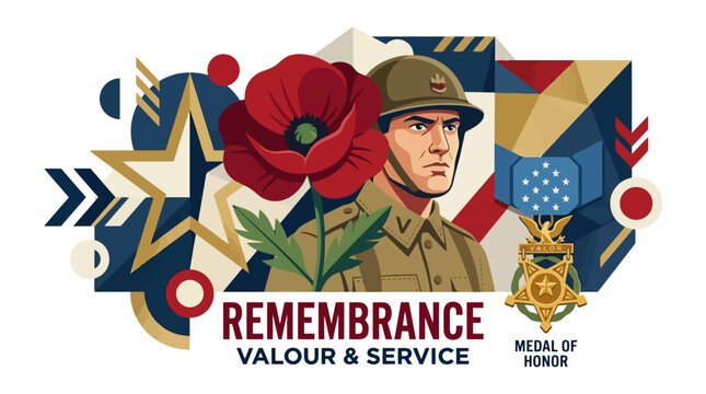 Remembrance Day poppy and patriotic stars vector graphic design for national holiday