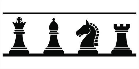 Black Silhouette Chess Pieces King Bishop Knight Rook Lined Up Keywords: chess, game, strategy, board game, king, bishop, knight, rook © ripon29