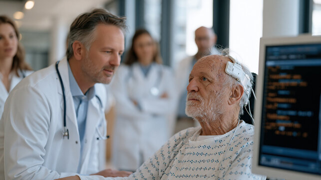 Brain-computer interface research team conducts a live trial in a neurology ward, a paralyzed subject using a cortical implant to type on a screen display, a circle of medical observers watching the