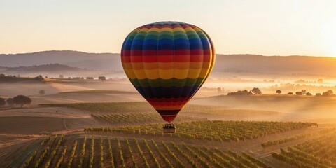 Obraz premium Hot air balloon floats over vineyard fields at sunrise. Colorful balloon rises above hazy landscape with rolling hills. Scenic dawn flight over wine estate.