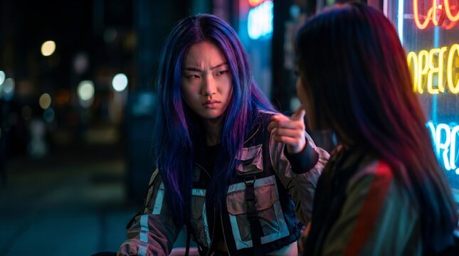 A suspicious blue-haired woman points a finger at her companion. Her judgmental, accusatory glare creates a sharp tension beneath the cold, vibrant glow of urban neon signage.