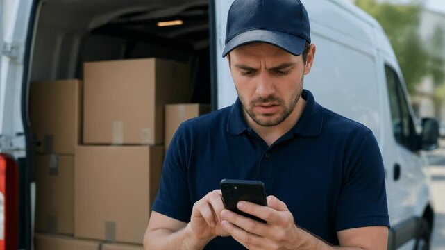 Stressed delivery driver checking smartphone, looking confused standing in front of his open shipping cargo van with packages during a busy work day, professional logistics service footage.