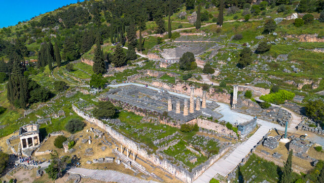 Aerial View of the Ancient Temple of Apollo and Ruins in Delphi Greece