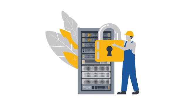 IT Technician Securing Server Rack with a Large Padlock for Data Protection and Cybersecurity - Flat Vector Illustration