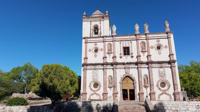 See the mission church in San Ignacio from above in this aerial view. The church stands in the oasis town of Baja California Mexico.