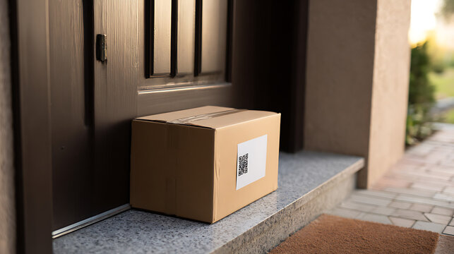 Front door delivery of a cardboard parcel box on porch steps, signifying doorstep service, secure package drop-off, and convenient receiving