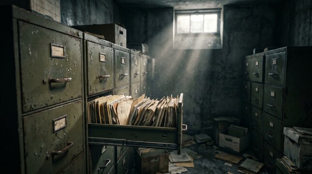 Abandoned Archive Room with Open Filing Cabinet and Sunbeams Piercing the Dark Basement