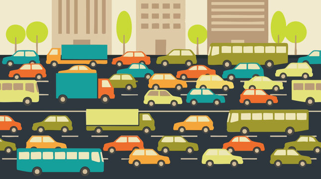 Busy City Street Traffic Jam Illustration with Cars, Buses, and Trucks