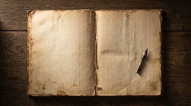 Top View of Vintage Open Blank Notebook with Stained Pages and Dip Pen Nib on Rustic Wooden Table