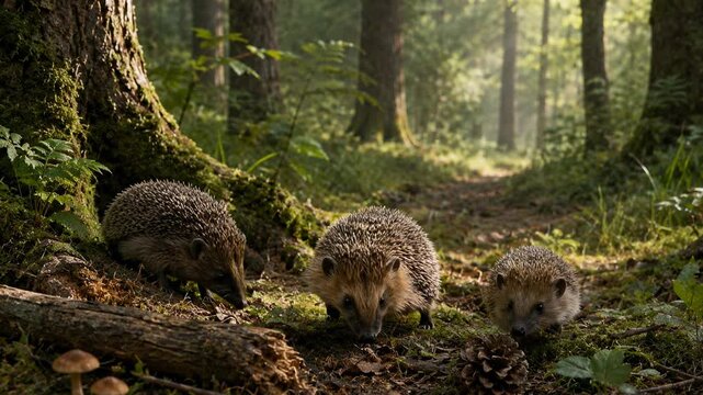 Three hedgehogs walking through forest moss near fallen tree in natural woodland, wildlife behavior, cute animals, outdoor nature, forest exploration.