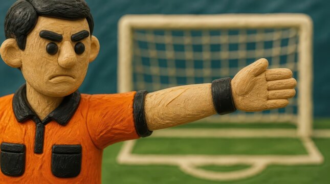 Macro detail of a thumb printed clay referee arm extended towards a goal on a soccer field, showcasing the intricate texture and craftsmanship of a handmade sports figurine in a wide composition.