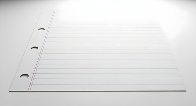 A single sheet of lined notebook paper with threehole punch margins, positioned at an angle on a clean white surface