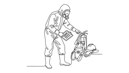 Obraz premium continuous line art man in protective suit with equipment.