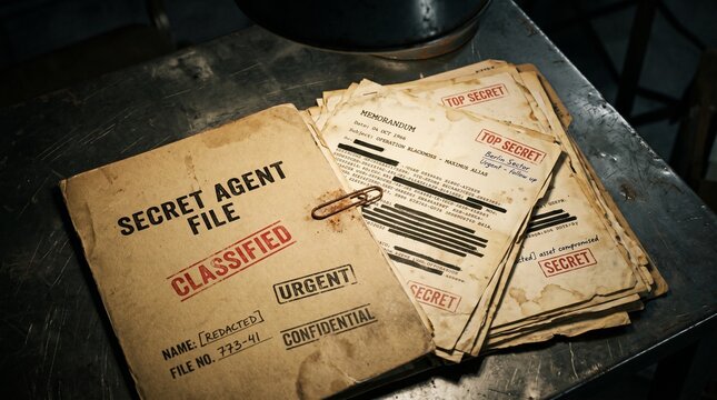 Vintage secret agent file with classified red stamps, redacted memorandum documents, and old weathered papers on a rusty metal desk, cold war spy concept
