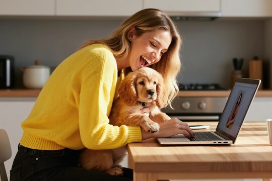 Young woman laughing with adorable puppy while typing on laptop computer. Blond female enjoys time with small dog, working from home, happy and cheerful. Dog owner interacts with pet.