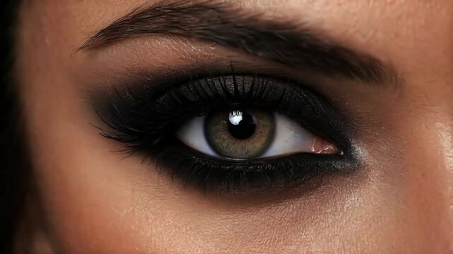 Close up of woman eye with dramatic dark smokey makeup and long eyelashes.