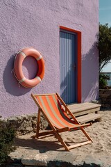 Fototapeta premium Deck chair on sandy shore beside purple building doorway