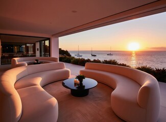 Obraz premium Curved sofas arrange on modern patio with ocean view at sunset. Yachts sail on calm sea water with warm golden sun light. Outdoor terrace offers relaxing seating area with stylish furniture.