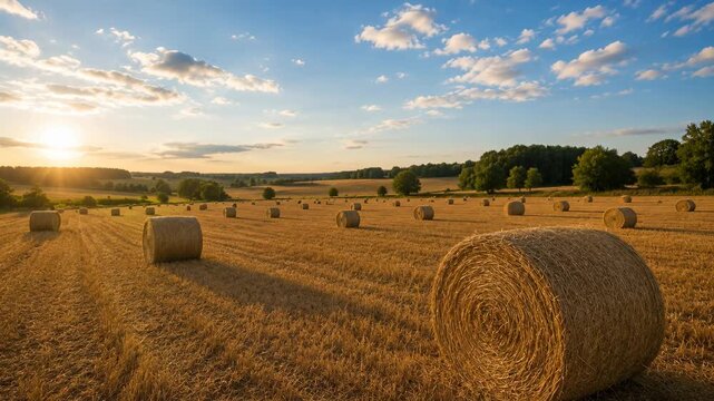 Golden hay bales scattered across harvested field at sunset in rural countryside, agriculture landscape, farming season, natural scenery.