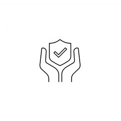 Obraz premium Hands protecting shield with checkmark icon line art style on a white background