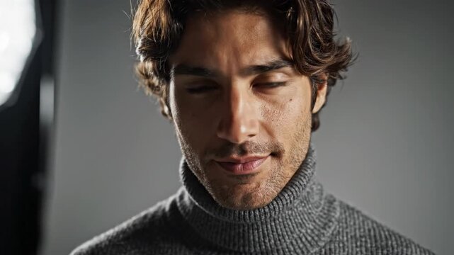Handsome young man wearing gray turtleneck sweater in studio