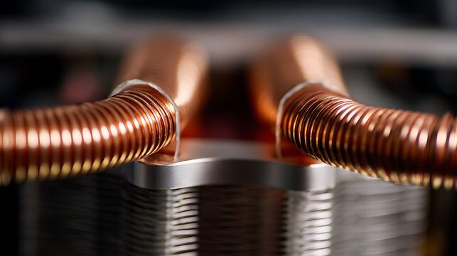 Close up view of advanced computer cooling system featuring copper heat pipes and aluminum fins on a dark background, highlighting technology