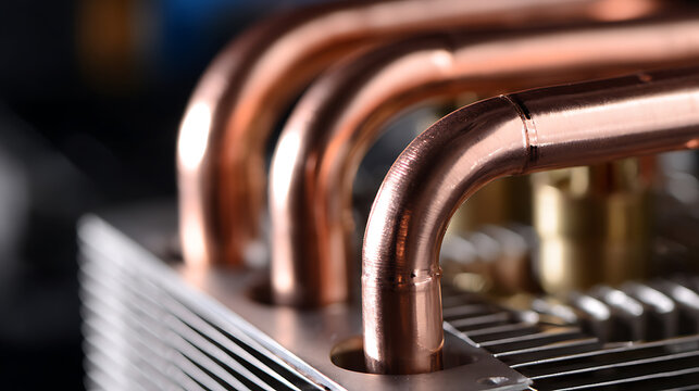 Close-up of Shiny Copper Heat Pipes on a Cooling Fin Array for Electronic Devices, Illustrating Advanced Thermal Management Technology