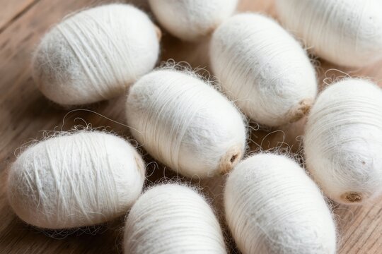 Natural white silkworm cocoons grouped together. These are the source for silk fibers used in textiles. They represent organic production and fine materials.
