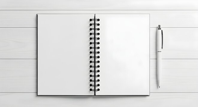 Open spiral notebook with a white pen on a white wooden table