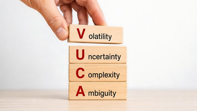 Hand placing a wooden block with the word volatility on top of a stack forming the acronym vuca