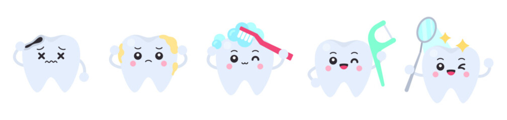 Naklejka premium Shaded cartoon tooth characters with cavity, tartar, toothbrush, floss pick, dental mirror on white background